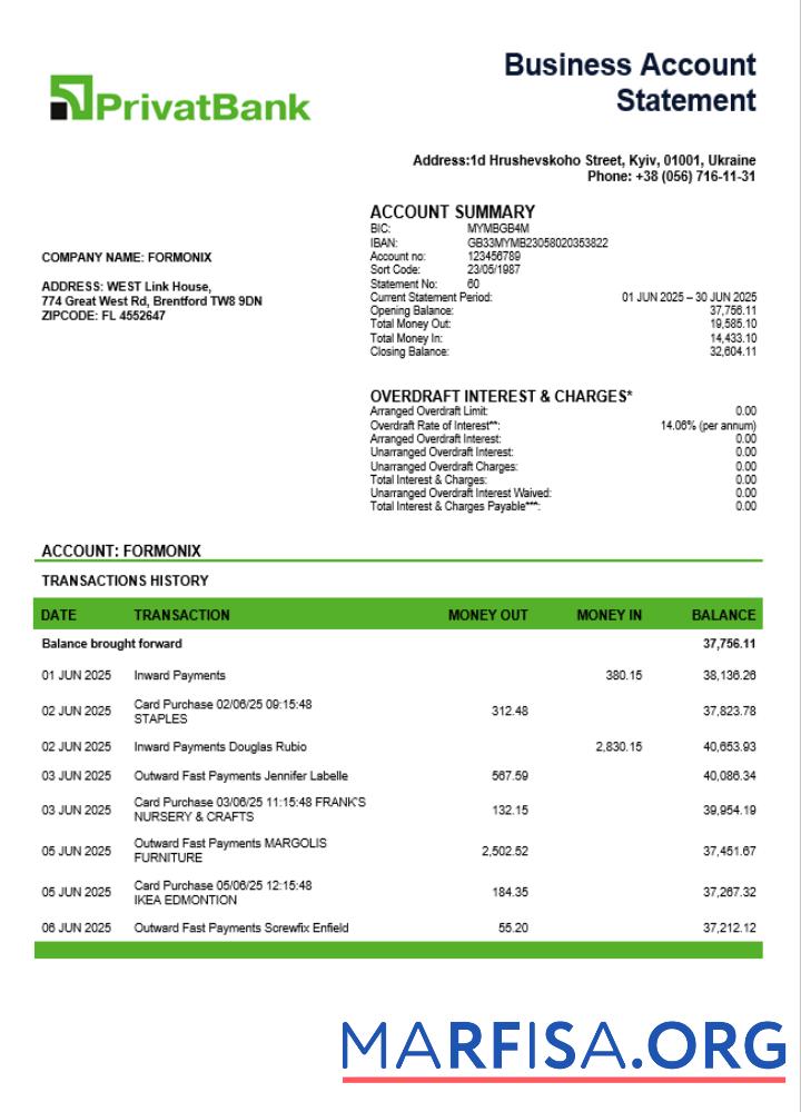 Downloadable Ukraine Privatbank enterprise account statement Word and PDF template
